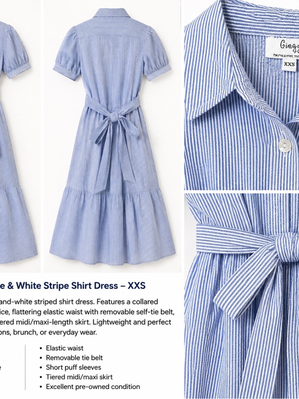 Blue and White Striped Midi Shirt Dress with Tie Back
